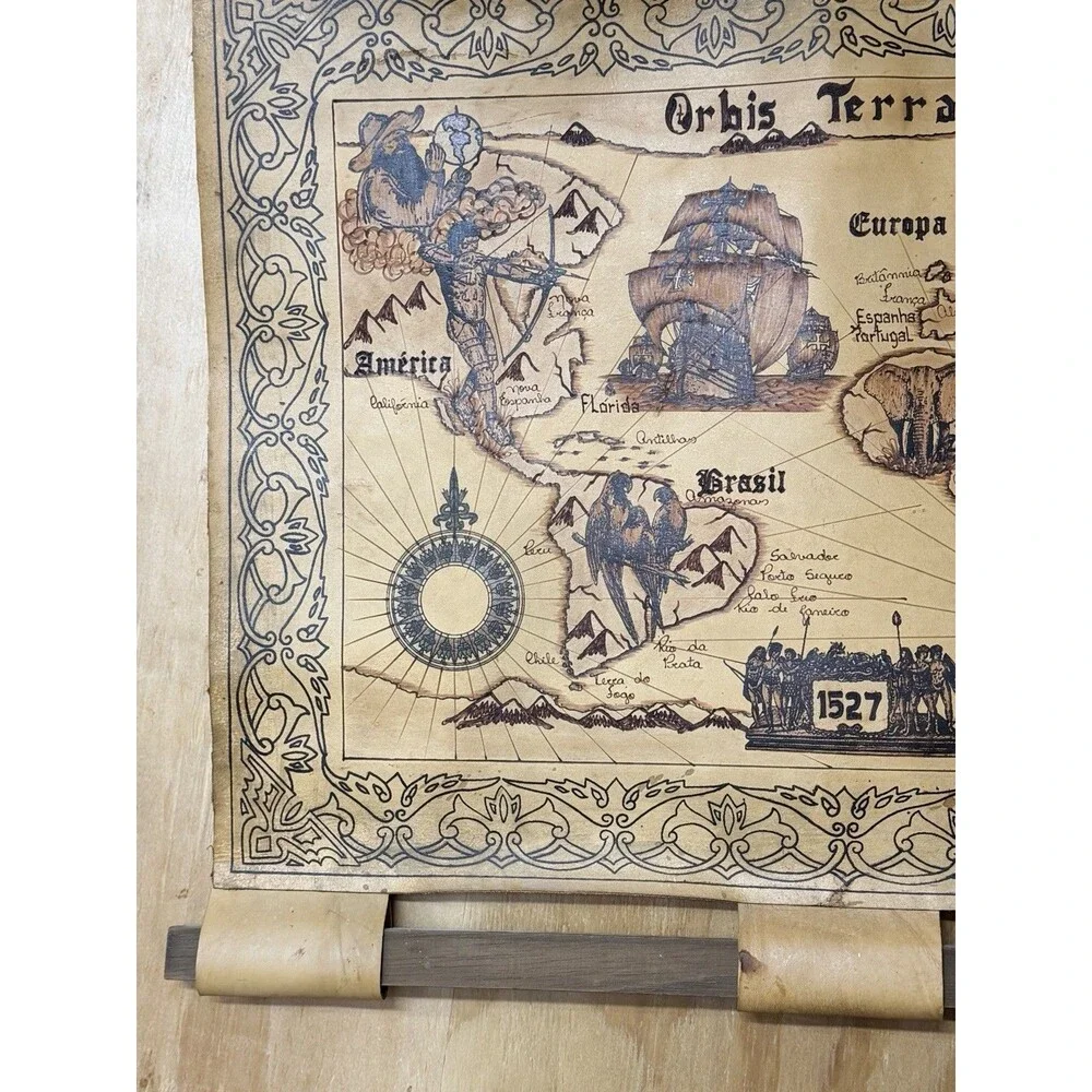 Vintage Leather World Map Wall Hanging decor Orbis Terrarum 1527 Pyrography 29.5
